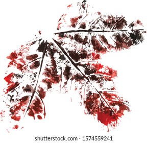 Vector Paint Blot Print Making Stamp of a Leaf in Black and Red