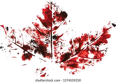 Vector Paint Blot Print Making Stamp of a Leaf in Black and Red