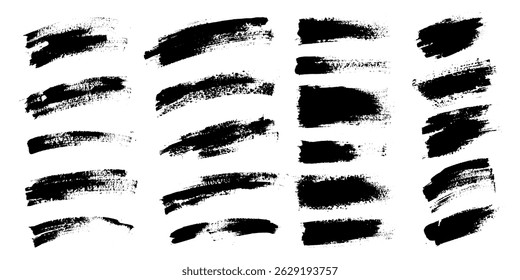 Vector paint bold brush strokes. Ink black hand drawn thick grunge lines abstract shapes, smears. Overlay, textures, brushes design.