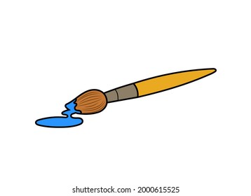 Vector paint brush with bright blue paint dripping on the floor, design element isolated on white background.