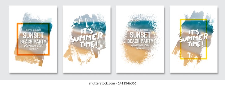 Vector paint brush clipping masks for summer flyer, holidays  brochure, banner, poster design. Beach summer blur background.