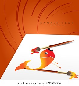 vector paint brush with drawn artistic fish