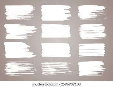 Vector paint brush set. White ink grunge brush strokes. Grunge design elements. Painted ink stripes. Creative isolated spots. Ink smudge, abstract shape stains and smear set