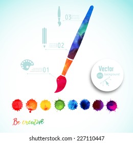 Vector paint brush silhouette made of watercolor, creative icons, watercolor creative concept. Creativity and draw. Lettering. quote. Artist's tool. Colorful Abstract vector ink paint splats