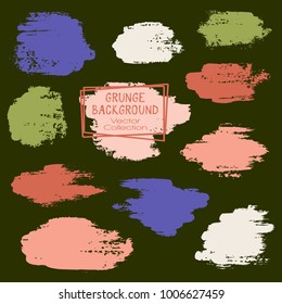 Vector paint brush spots, hand painted backgrounds, set of watercolor dabs, ink splashes design. Brush stroke rough painted elements, splats, stains. Banner, tag or label watercolor backgrounds band.