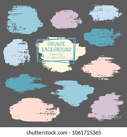 Vector paint brush spots, hand painted backgrounds, set of watercolor dabs, ink splashes design. Brush stroke rough painted pink blue splats, stains. Banner, tag or label watercolor backgrounds band.