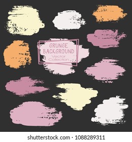 Vector paint brush spots, hand painted backgrounds, set of watercolor dabs, ink splashes design. Brush stroke rough painted elements, splats, stains. Banner, tag or label watercolor backgrounds band.