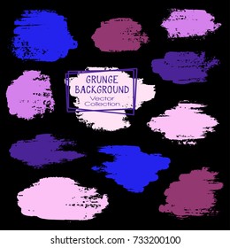 Vector paint brush spots, hand painted backgrounds, set of watercolor dabs, ink splashes design. Brush stroke rough painted elements, splats, stains. Banner, tag or label watercolor backgrounds band.