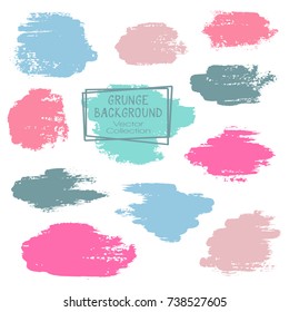 Vector paint brush spots, hand painted backgrounds, set of watercolor dabs, ink splashes design. Brush stroke rough painted elements, splats, stains. Banner, tag or label watercolor backgrounds band.