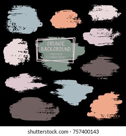 Vector paint brush spots, hand painted backgrounds, set of watercolor dabs, ink splashes design. Brush stroke rough painted elements, splats, stains. Banner, tag or label watercolor backgrounds band.