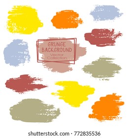 Vector paint brush spots, hand painted backgrounds, set of watercolor dabs, ink splashes design. Brush stroke rough painted elements, splats, stains. Banner, tag or label watercolor backgrounds band.