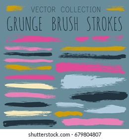 Vector paint brush spots, highlighter lines or felt-tip pen marker horizontal blobs. Marker pen or brushstrokes and dashes. Ink smudge abstract shape stains and smear set with painted texture.