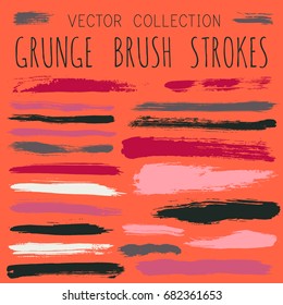Vector paint brush spots, highlighter lines or felt-tip pen marker horizontal blobs.  Ink smudge abstract shape stains and smear set with brush stroke texture.