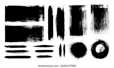 Vector paint brush strokes. Black ink stripes and circles. Japanese calligraphy zen circle frames. Chinese hand-drawn smears. Grungy long straight swipe set. Modern urban punk brushstroke splatter bg