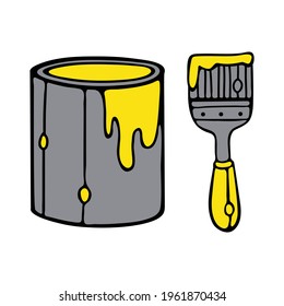 Pintura vectorial Can y Pincel con pintura amarilla. Aislado sobre fondo blanco. Estilo simple dibujado a mano