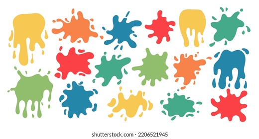 Vector paint cartoon splashes set. Abstract splashes, liquids and drops. Colorful paint splatter collection. Splay paint set.