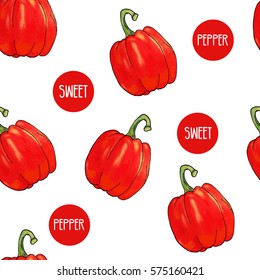 vector paint hand drawn set illustration of sweet red bell pepper seamless pattern on white background. Paprika