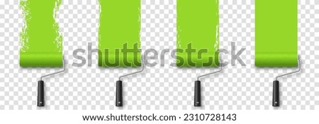 Vector paint roller. Paint roller png. Tool for wall painting, drawing. Green paint roller with paint png. Construction Materials.