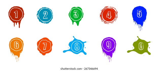 Vector paint splashes with numbers. Color clip art isolated on white