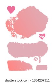 Vector paint stains on a white background. Rough grunge elements for packaging design, banners, posters, postcards. Blots of different shapes. Splashes of oil paint. Pink decorative hand drawn hearts.