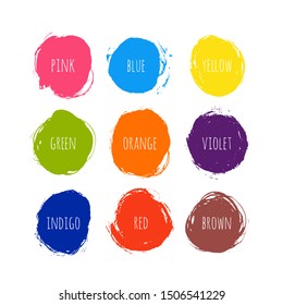 Vector paint strokes circles with lettering color names. Hand drawing