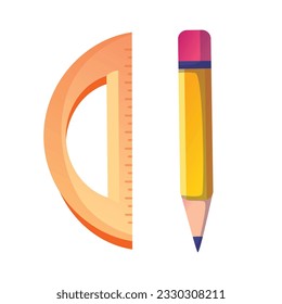 Vector paint and writing tools collection consisting of yellow pencil and wooden line on the white.