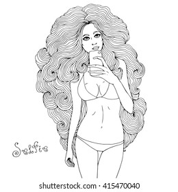 Vector paint young girl with long wavy hair photographed on a mobile phone. Girl with a slim figure in a bikini, bathing suit It makes selfie. Glamour. Underwear. Summer Beach girl. Coloring page. 
