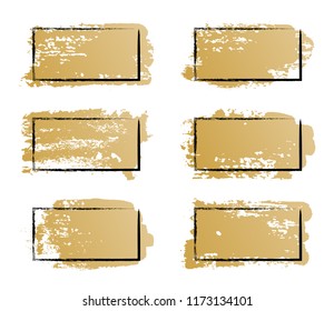 Vector painted black rectangular frames on gold brush stroke background. Geometric shapes borders, frame lines on textured paint dab isolated label design elements.