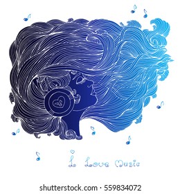 Vector painted colors blue portrait in profile of a girl with long wavy hair. Girl with closed eyes listening to music in headphones. Phrase I love music. Icon of musical notes. 