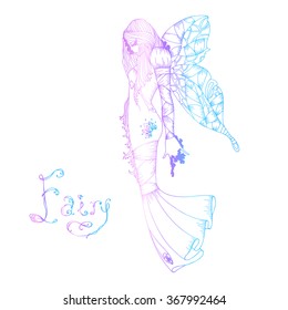 Vector painted fairy fairy in a long dress with butterfly wings and original hand drawn inscription Fairy. Painted lines with colored transition on a white background