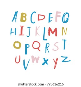 Vector painted font, funny typography, children ABC, isolated letters set. Alphabet, calligraphic, color.