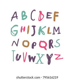Vector painted font, funny typography, children ABC, isolated letters set. Alphabet, calligraphic, color.