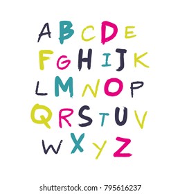 Vector painted font, funny typography, children ABC, isolated letters set. Alphabet, calligraphic, color.