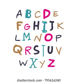 Vector painted font, funny typography, children ABC, isolated letters set. Alphabet, calligraphic, color.