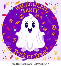 Vector painted ghost on a Halloween card with a traditional activity, candies, lollipops, sweets or money. Halloween Trick or treat? Ghost face, ghost, phantasma, phantom, ghost, vision, shadow