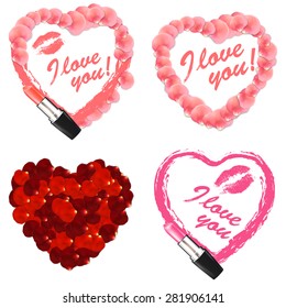 Vector painted heart with petals set