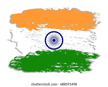 Vector painted India flag with navy blue Ashoka chakra on white. Isolated tricolor illustration of India green, white and India saffron orange colors. National symbol - flag with blue wheel.