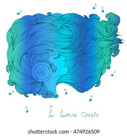 Vector painted multicolored portrait in profile of a girl with long wavy hair. Girl with closed eyes listening to music in headphones. Phrase I love music. Icon of musical notes. On a white background