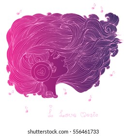 Vector painted multicolored portrait in profile of a girl with long wavy hair. Girl with closed eyes listening to music in headphones. Phrase I love music. Icon of musical notes. On a white background