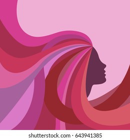 Vector painted multicolored profile of a girl with long wavy hair. Hairstyle concept for poster or background