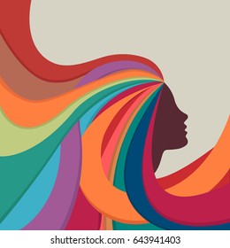 Vector painted multicolored profile of a girl with long wavy hair. Hairstyle concept for poster or background