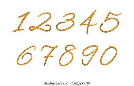 Vector Painted Numbers Set, Paint Texture, Brush Strokes Isolated on White Background, Golden Color Illustration.