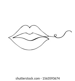 Vector painted with one line isolated on white. Black and white. Open woman lips, endless line. fashion illustration