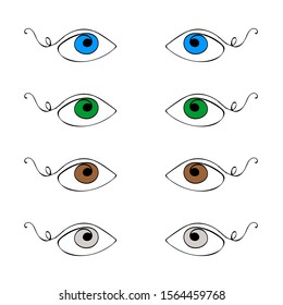 Vector painted with one line isolated on white. Black and white. Open eye with different color pupil, long lashes. Endless line, cute color set