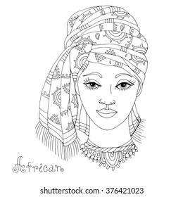 Vector painted portrait of a beautiful African girl in a scarf drape with ornament on her  head, and a necklace on her neck. Original hand drawn phrase African. On a white background