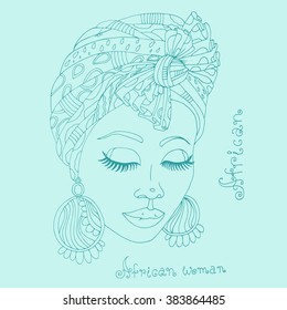 Vector painted portrait of a beautiful African girl in a scarf drape with ornament and a knot on her head. Original hand drawn phrase African woman. On a turquoise background