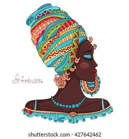 Vector painted portrait in profile of a beautiful African girl in a scarf drape with ornament on her head and a large earring. Original hand drawn inscription African. Isolated on a white background