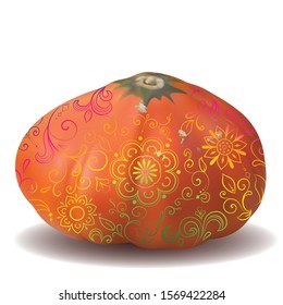 Vector painted pumpkin in realistic style, painted with patterns on a white background.