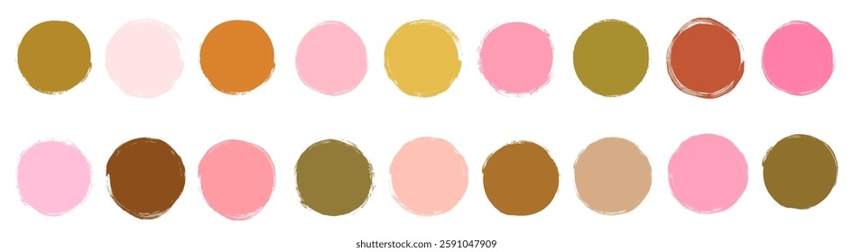 Vector painted round shapes in neutral earthy brown, mustard and pink colors, abstract modern graphic design circle elements
