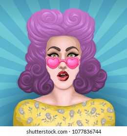 Vector painted shocked pin up girl with open mouth in surprise. Fashion model in pink heart shaped glasses with colorful dyed wavy hair of a purple and  violet hue.  Pop Art sun rays back